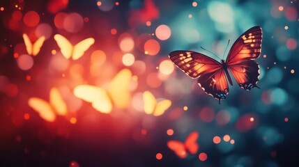 A single butterfly with glowing wings flies through a bokeh of red, yellow, and blue lights.