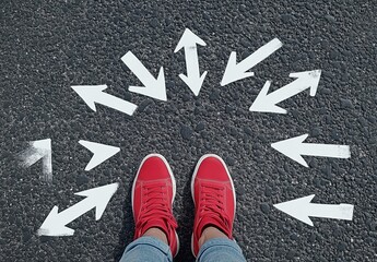 Fototapeta premium Person in red sneakers standing on an asphalt road surrounded by white arrows pointing in different directions, symbolizing open spaces and possibilities for future paths in a casual setting.