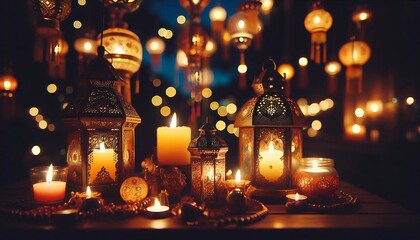 Beautiful lanterns and candles create a warm, festive glow in a cozy evening setting. The intricate designs and soft candlelight evoke a peaceful, spiritual atmosphere perfect for celebrations.