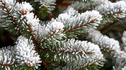 Frost-covered evergreen branches glistening in the winter sunlight.