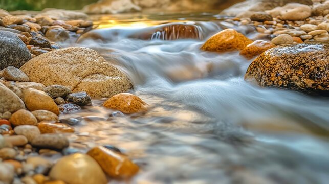 Gentle stream flowing over smooth pebbles, creating a serene natural landscape.