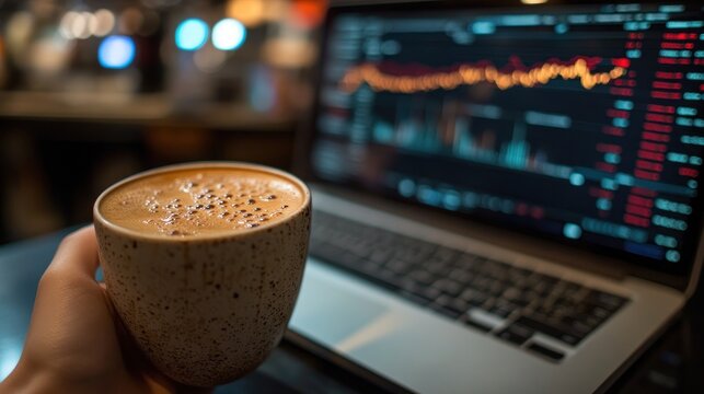 A hand holding a cup of coffee with a laptop displaying stock market data in the background.