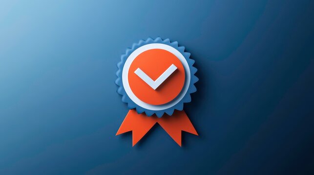 A blue and red paper-style award seal with a white checkmark on a blue background.