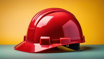 Bold Red Construction Helmet. Safety and Protection Concept for Industrial Workers, Engineers, and Builders on Bright Yellow Background. Workplace Safety, Engineering Poster Design or Advertisement