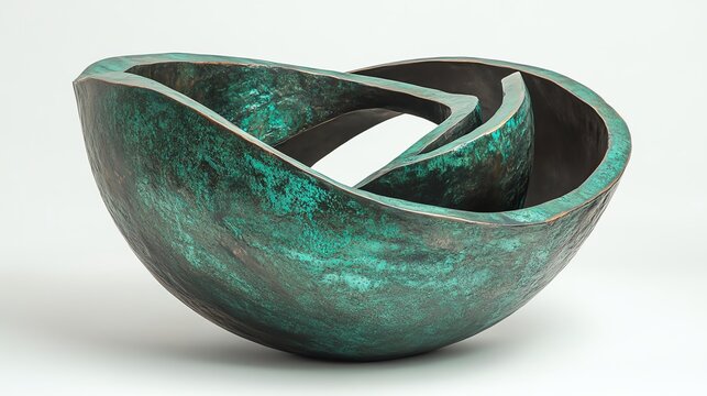 Contemporary bronze sculpture with dynamic curves and rich patina, white isolated background