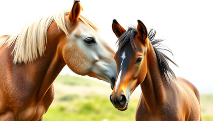 Horse and foal love and care with white shades, png