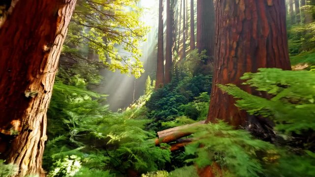 Camera movement fly-through, high speed video with hard light, establishing scene of redwood forests, sunlight filtering through trees