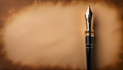 Naklejka premium Elegant Black and Gold Fountain Pen Resting on Antique Scroll Parchment. Luxurious Writing Tool Perfect for Business, Signature Branding, Calligraphy Art, and Timeless Professional Presentations