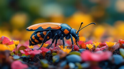 A large black and orange bug is walking on a bed of flowers. Generative AI