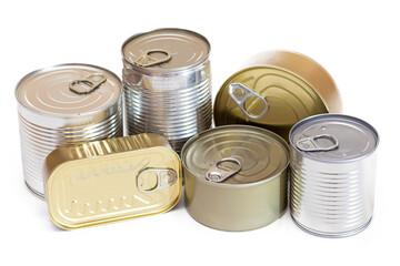 A Group of Stacked Tin Cans with Blank Edges Isolated on White Background. Canned Food. Different...