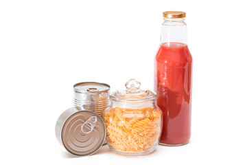 Food Reserves: Canned Food, Spaghetti, Pate, Tuna, Tomato Juice, Pasta, Fish and Grocery - Isolated on White Background. Emergency Food Storage in Case of Crisis. Strategic Food Supplies - Isolation