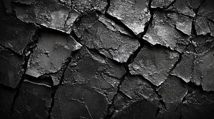 Close-up view of cracked black surface texture with deep crevices, ideal for backgrounds or artistic designs.