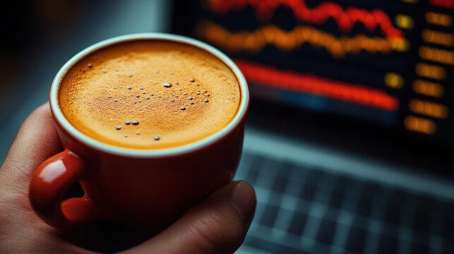 A hand holds a cup of coffee in front of a laptop screen displaying a stock market chart, suggesting the importance of caffeine for staying focused and alert during trading.