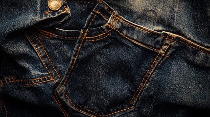 Close-up of denim fabric with pockets, showcasing texture and stitching details.