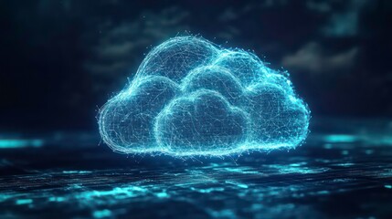 A glowing, digital cloud symbol hovers over a dark, abstract background.