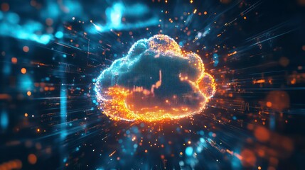 A cloud symbol composed of glowing particles and surrounded by light streaks.