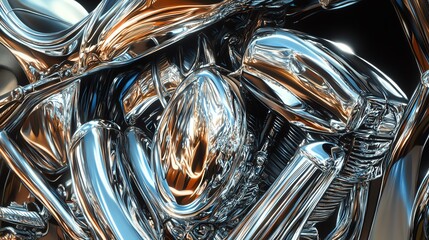 Close-up of a shiny chrome motorcycle engine, showcasing its intricate details and craftsmanship.