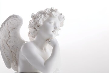 Cherub Angel Statue with Hand on Chin, Isolated on White Background, High Resolution