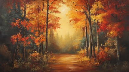 Obraz premium Autumn forest path with vibrant orange leaves and soft light illuminating the scenery.