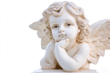 Cherub Angel Statue with Hand on Chin, Isolated on White Background, High Resolution