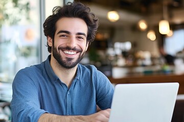 Fototapeta premium Smiling web designer at a cafe with laptop, natural light and bokeh effect