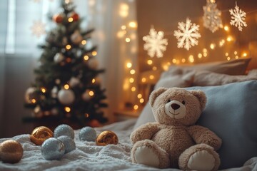 Cozy kids bedroom with winter-themed decor including snowflake Christmas tree, and plush teddy bear