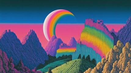 Breathtaking surreal mountainous landscape with vibrant rainbow sky clouds and mystical elements  Digital of a fantastical dreamlike scene with a captivating atmospheric mood