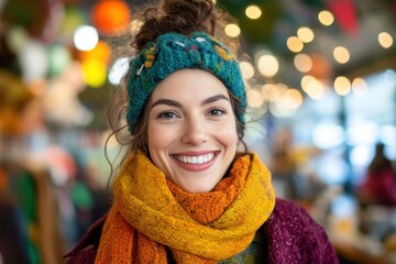 Cheerful young woman with a warm welcoming smile embracing the festive winter atmosphere on a city street surrounded by holiday lights and