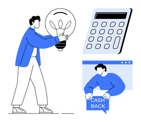 Person with light bulb representing ideas next to calculator and person with cash back offer. Ideal for finance, investment, savings, business startups, and innovation. Minimalist, modern, clean