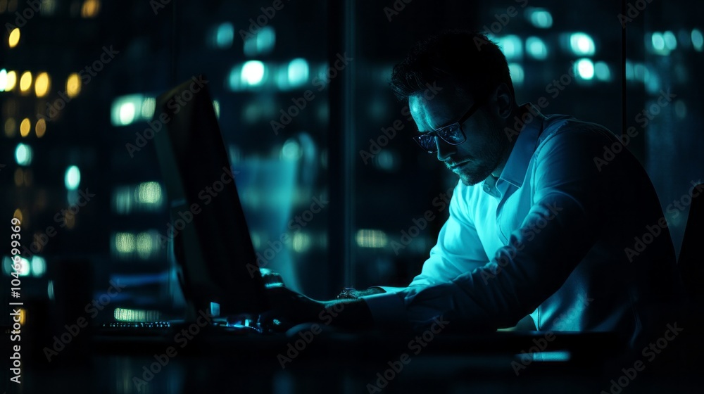 Poster A man is sitting at a desk with a computer monitor in front of him