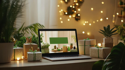 Cozy and festive home office workspace with laptop computer Christmas tree string lights and other holiday decorative elements on wooden desk