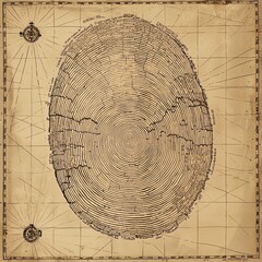 Ancient map contour lines creating fingerprint shape, vintage paper texture, cartographic details, sepia tones