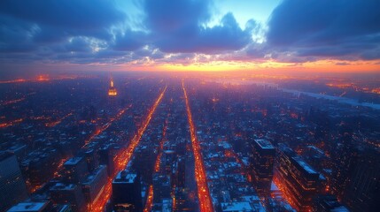 Aerial View of Cityscape at Sunset