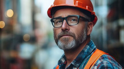 Canadian man with a construction helmet, looking focused