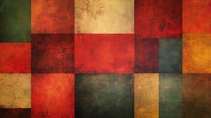 Fototapeta premium Vintage textured background with colorful squares in red, green, yellow, and beige tones.