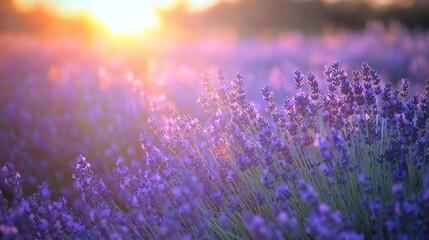 Naklejka premium Vibrant lavender field at sunset, showcasing beautiful purple blooms and a serene atmosphere.