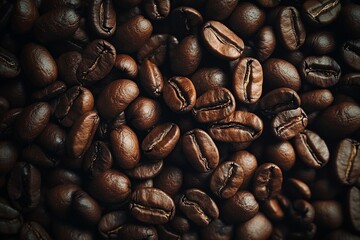 Fototapeta premium Hyper-realistic close-up of coffee beans with vivid colors and high definition detail, top view.