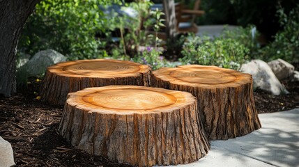 Naklejka premium Three wooden tree stumps arranged in a garden setting, surrounded by greenery and stones.