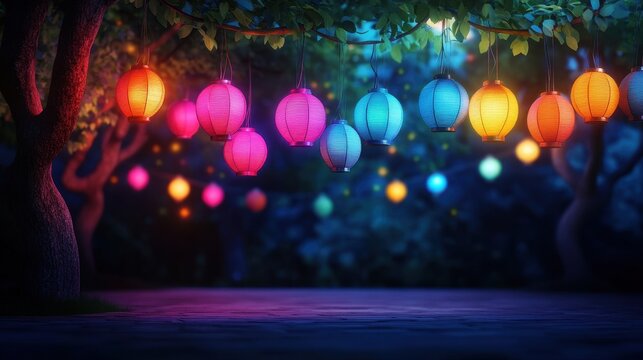 Magical lantern lit outdoor garden party setting in a lush tranquil woodland at night  Colorful glowing paper lanterns hanging from the trees create a warm inviting