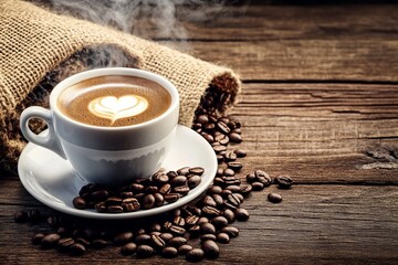 Steaming cup of coffee on rustic wooden table with scattered beans and burlap sack background.