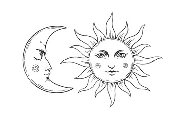 Vector vintage hand-drawn illustration of sun and moon in engraving style. Sketch with antique esoteric symbols.