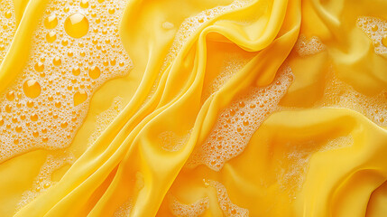 Close up of yellow satin fabric with white soap bubbles on top, laundry and cleaning concept