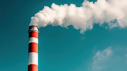 Thick plumes of white smoke billowing from the towering industrial chimney against a clear blue sky