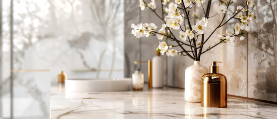 Obraz premium Luxury, marble interior of bathroom with sink, golden accessories, cosmetics, furniture. Minimal design. Generative ai