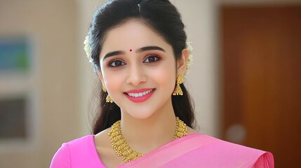 Beautiful Indian Woman in Pink Sari Smiling   Traditional Jewelry  Portrait