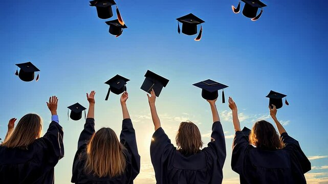 Celebrating Graduation Day With Friends in a Bright Sky, Throwing Caps Joyfully at Sunset - Powered by Adobe