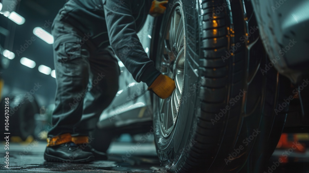 Poster A mechanic is actively replacing a tire on a car in a dimly lit workshop, showcasing his careful attention to detail. Generative AI