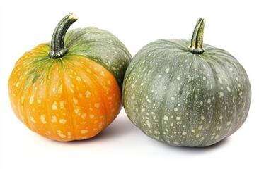 Pumpkins on white background with natural lighting, high detail and sharp focus.