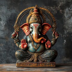 Fototapeta premium A sacred Ganesha idol with vibrant Indian traditional decor, emphasizing the spiritual and cultural aspects of Indian festivals and mythology, with copy space for celebration or religious themes