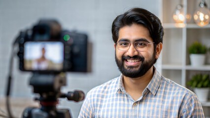 An Indian digital content creator filming a tutorial video in a well-lit studio.
